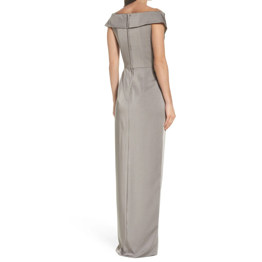 NWT La Femme Surplice Off the Shoulder Column Gown Pewter Size 6 - Picture 3 of 3